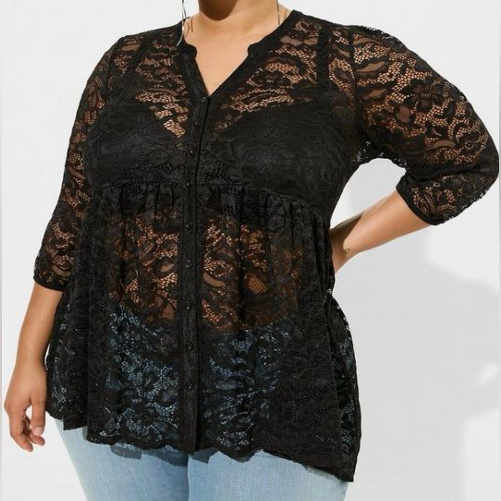 Torrid Babydoll Sheer Lace Button Down Tunic Top in Black
